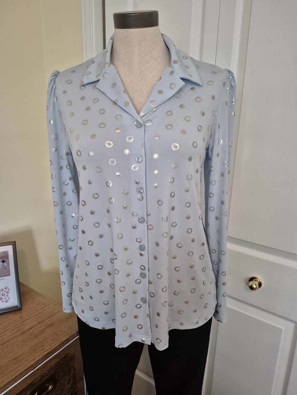 Kim&Co Light Blue Button-Front Blouse with Metallic Dot Accents